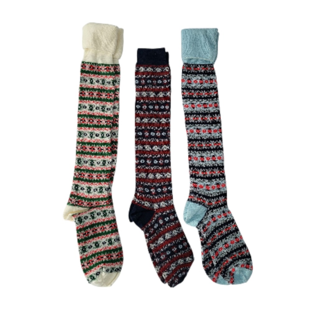 Vtg New 3 pair Retro Knee Socks Fair Isle Winter Womens Boot Socks NOS